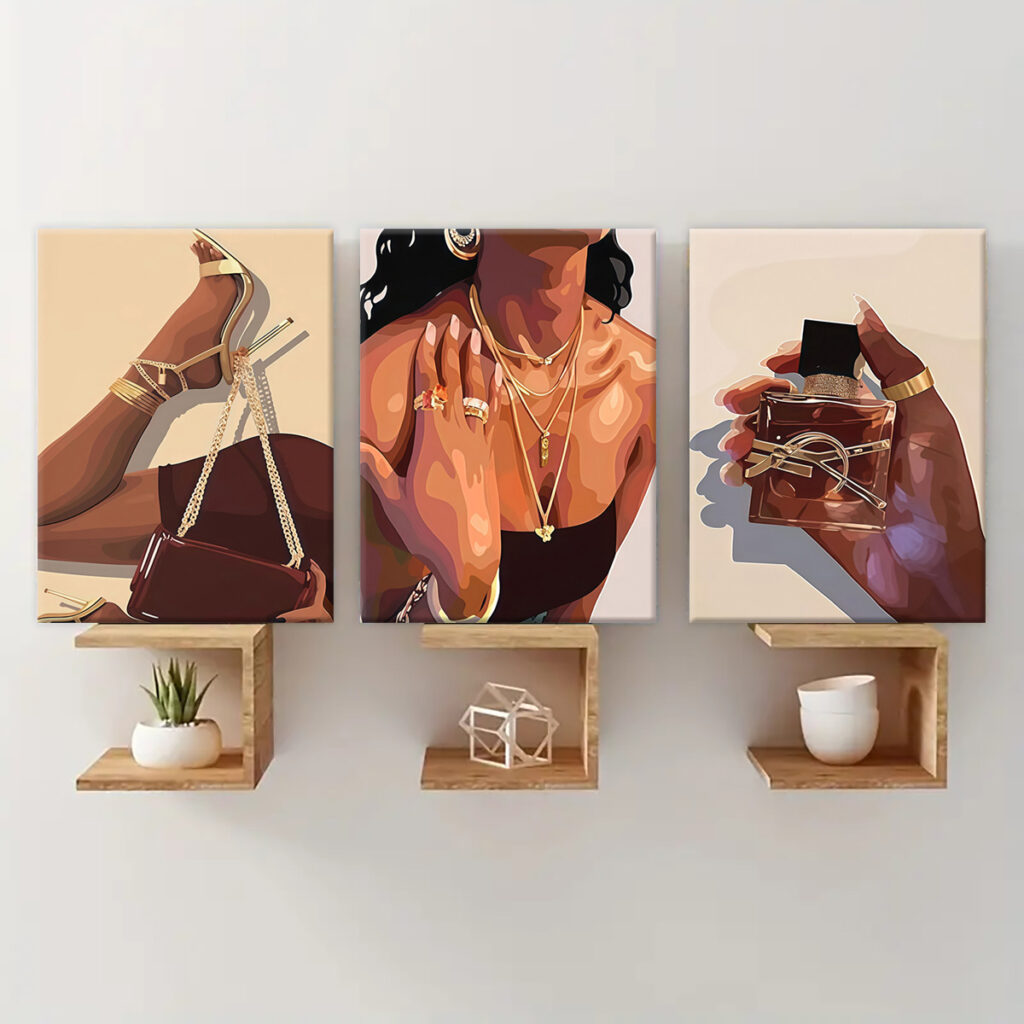 Black girl canvas wall art set displayed above modern wall shelves