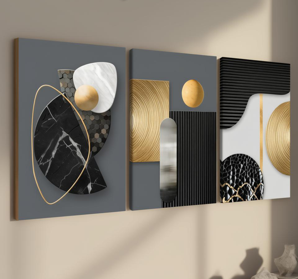Black gold geometric canvas wall art set displayed in warm natural light