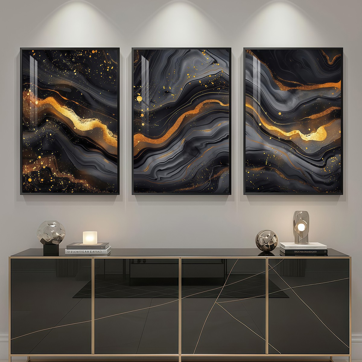 Luxury Black and Gold Marble Canvas Wall Art Set of 3 with Metal Frames