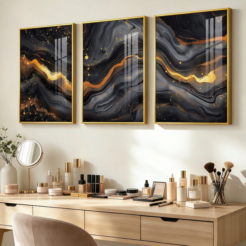 Black and gold marble wall art above a modern vanity