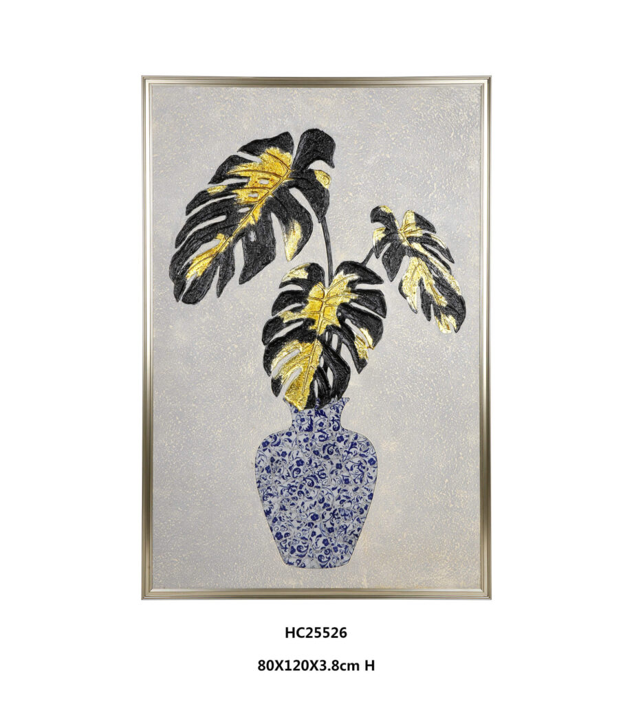 Black and gold monstera porcelain wall art