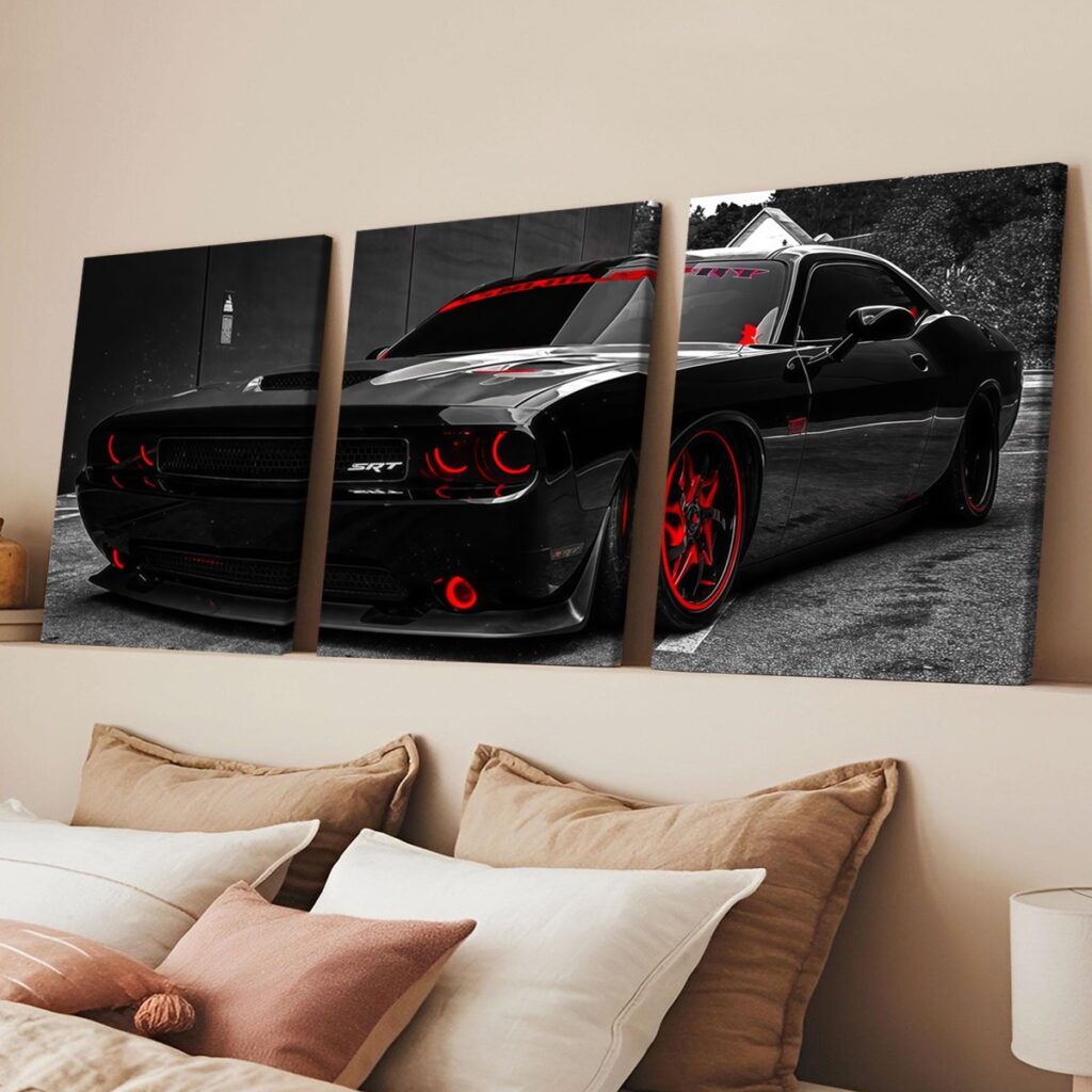 Black and red three panel car canvas in a bedroom
