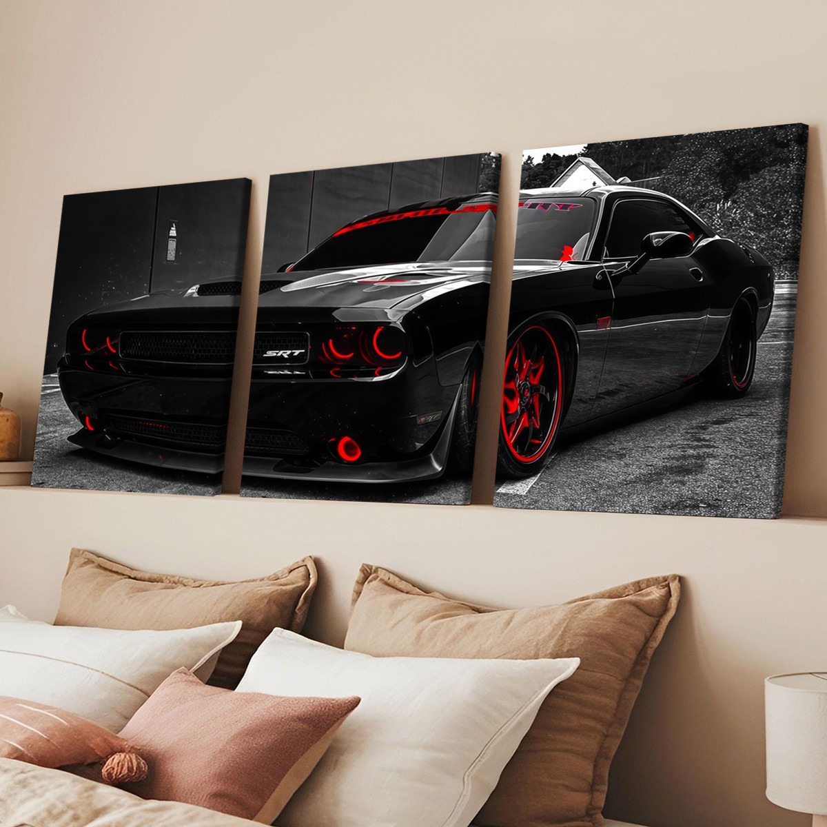 Black and red three panel car canvas in a bedroom