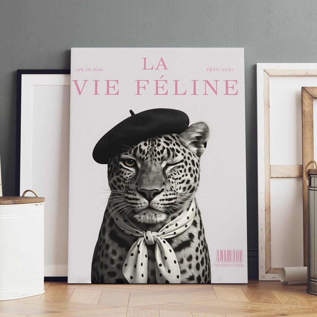 Black and white leopard portrait canvas with pink lettering