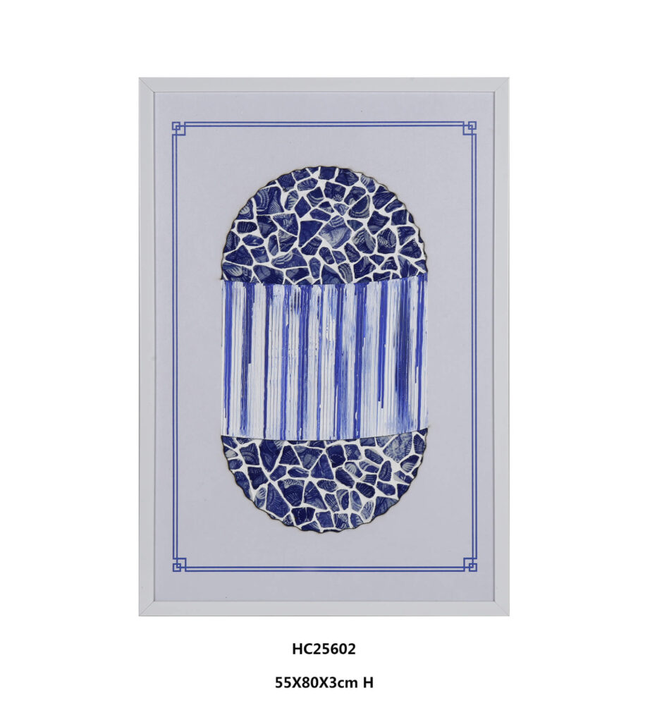 Blue and white porcelain shard wall art with oval geometric design