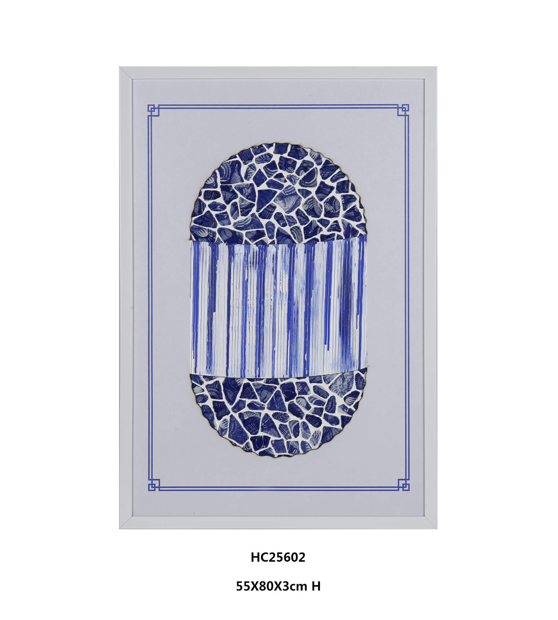Blue and white porcelain shard wall art with oval geometric design