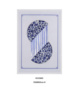 Blue and white porcelain shard wall art with split circle design