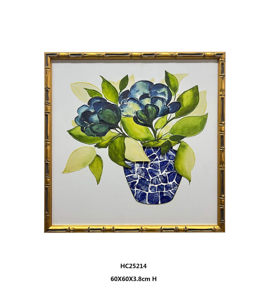 Blue floral porcelain shard vase wall art in gold frame