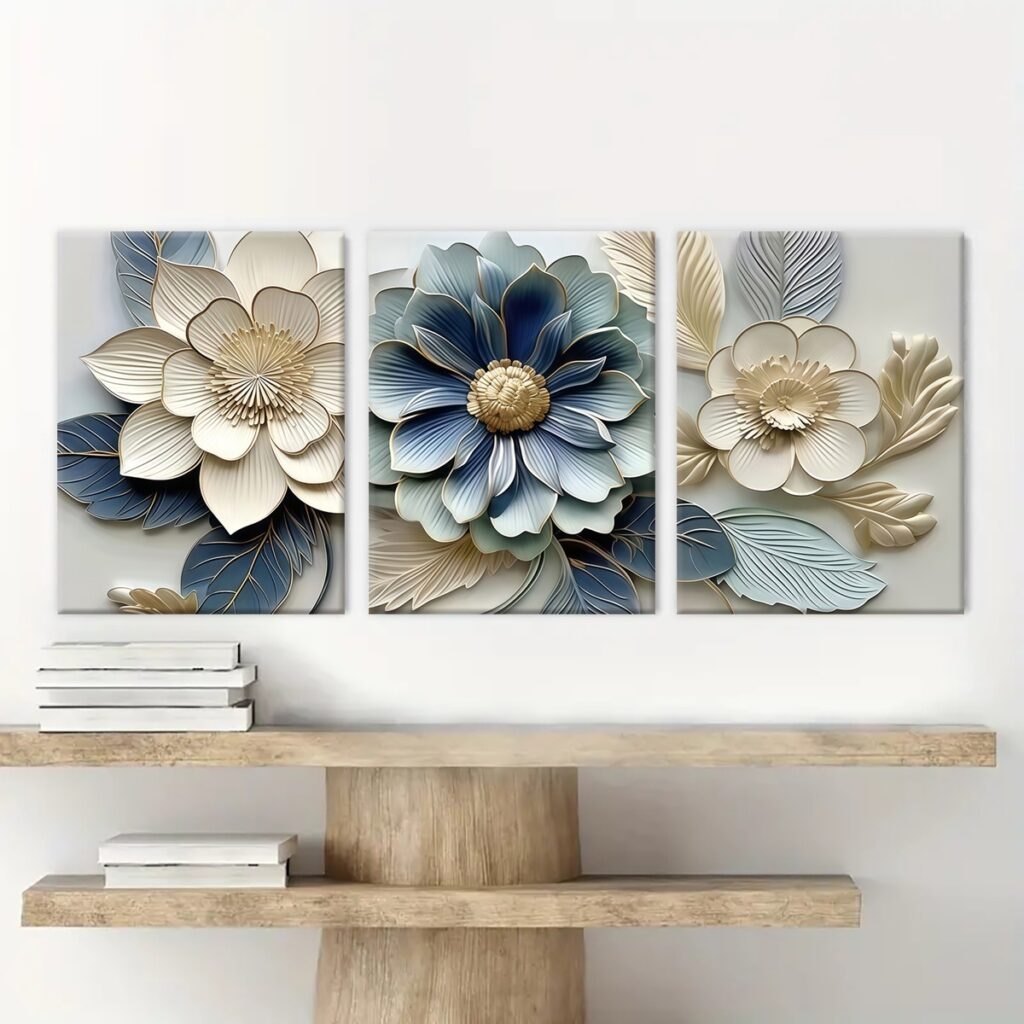 Blue and gold floral canvas wall art set above a wood console