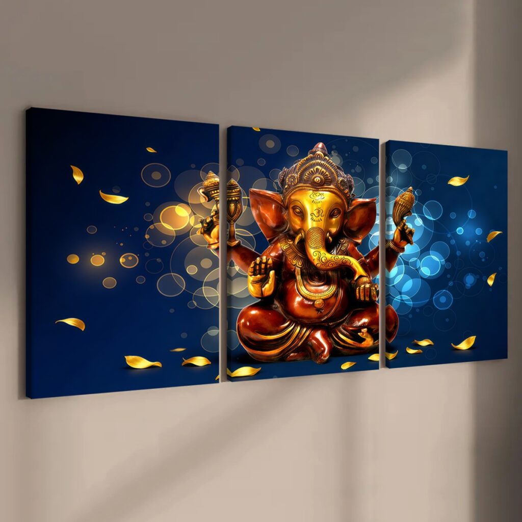 Blue gold Ganesha canvas wall art set on a modern wall