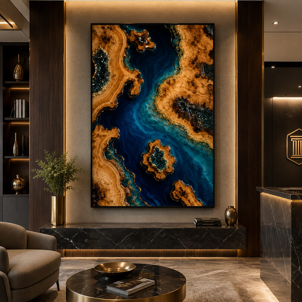 Elevate Executive Spaces with Luxury Blue Geode Epoxy Resin Wall Art