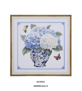 Hydrangea porcelain wall art with blue blooms and colorful butterflies