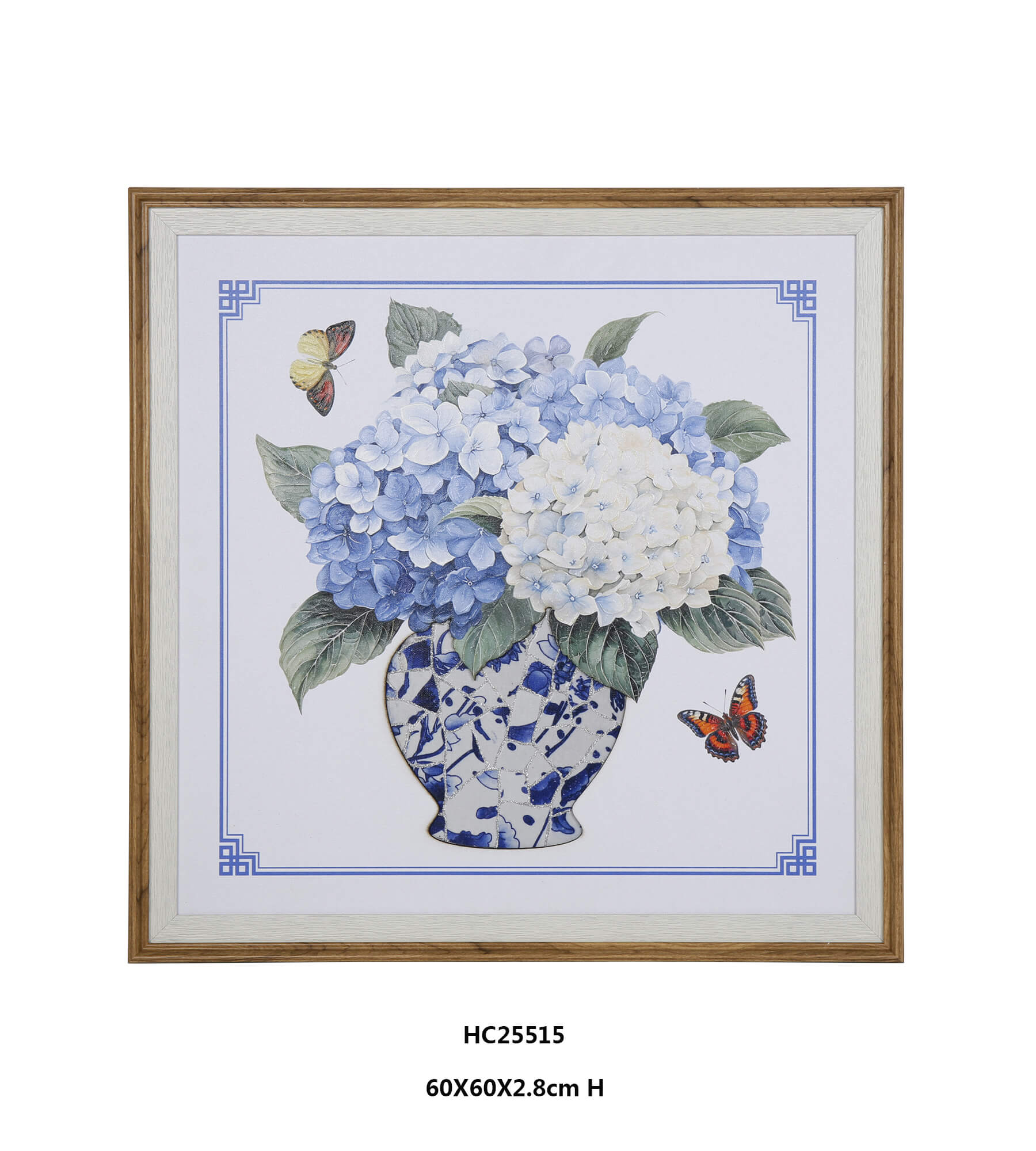 Hydrangea porcelain wall art with blue blooms and colorful butterflies