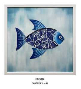 Right-facing ceramic mosaic fish wall art in a white frame