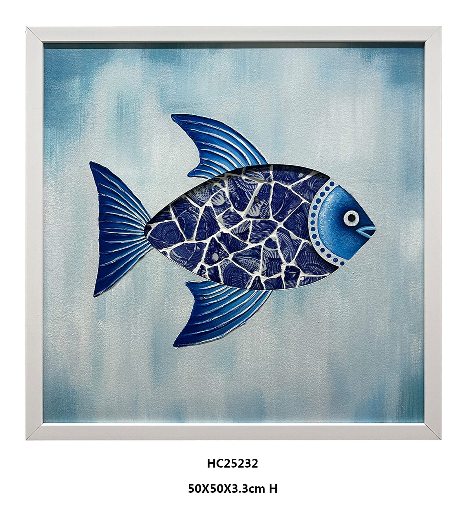 Set of 2 Framed Blue and White Shard Mosaic Fish Porcelain Wall Art(50×50×3.3cm)