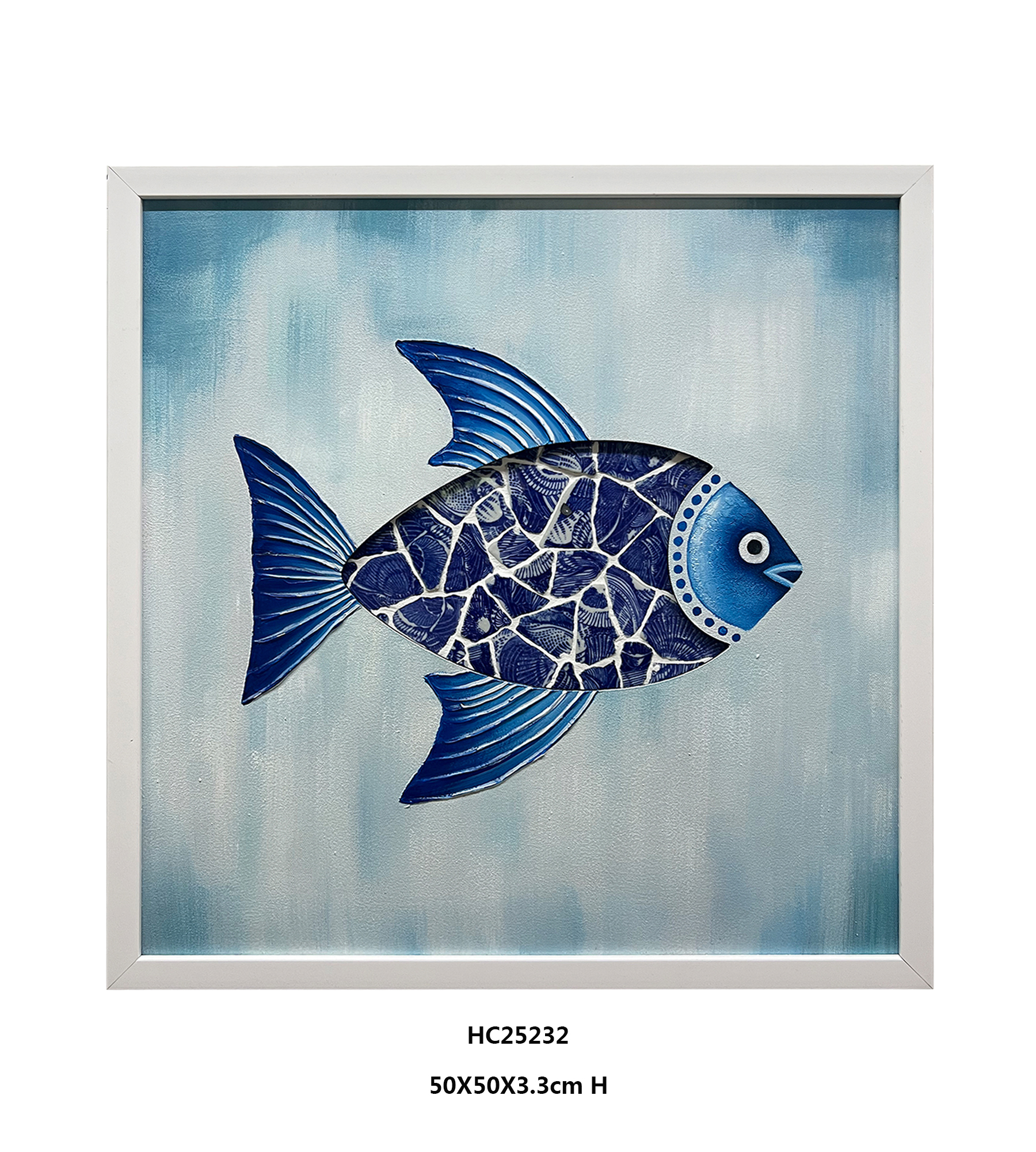 Set of 2 Framed Blue and White Shard Mosaic Fish Porcelain Wall Art
