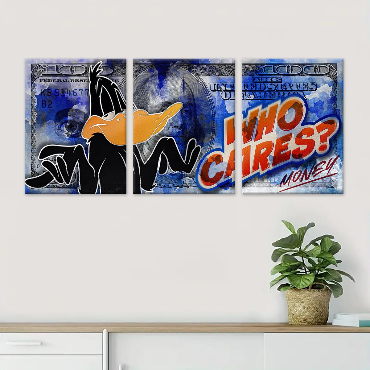 Blue and orange money canvas wall art triptych in a modern interior
