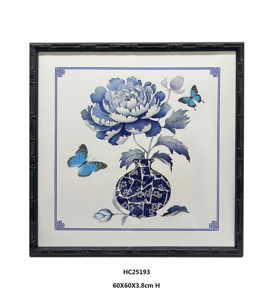 Blue peony porcelain shard vase wall art with butterflies