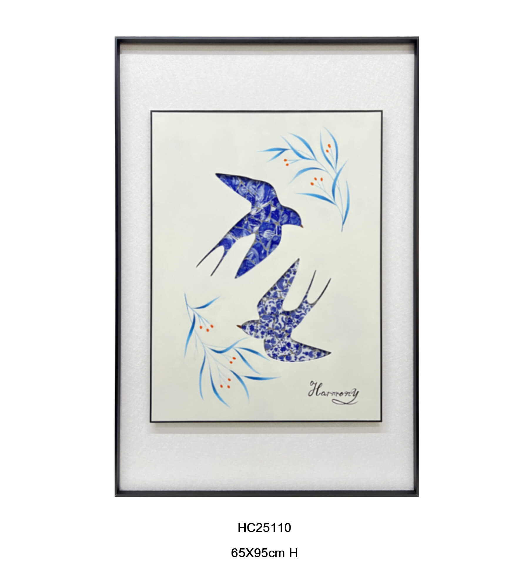 Blue porcelain shard swallows in a black frame