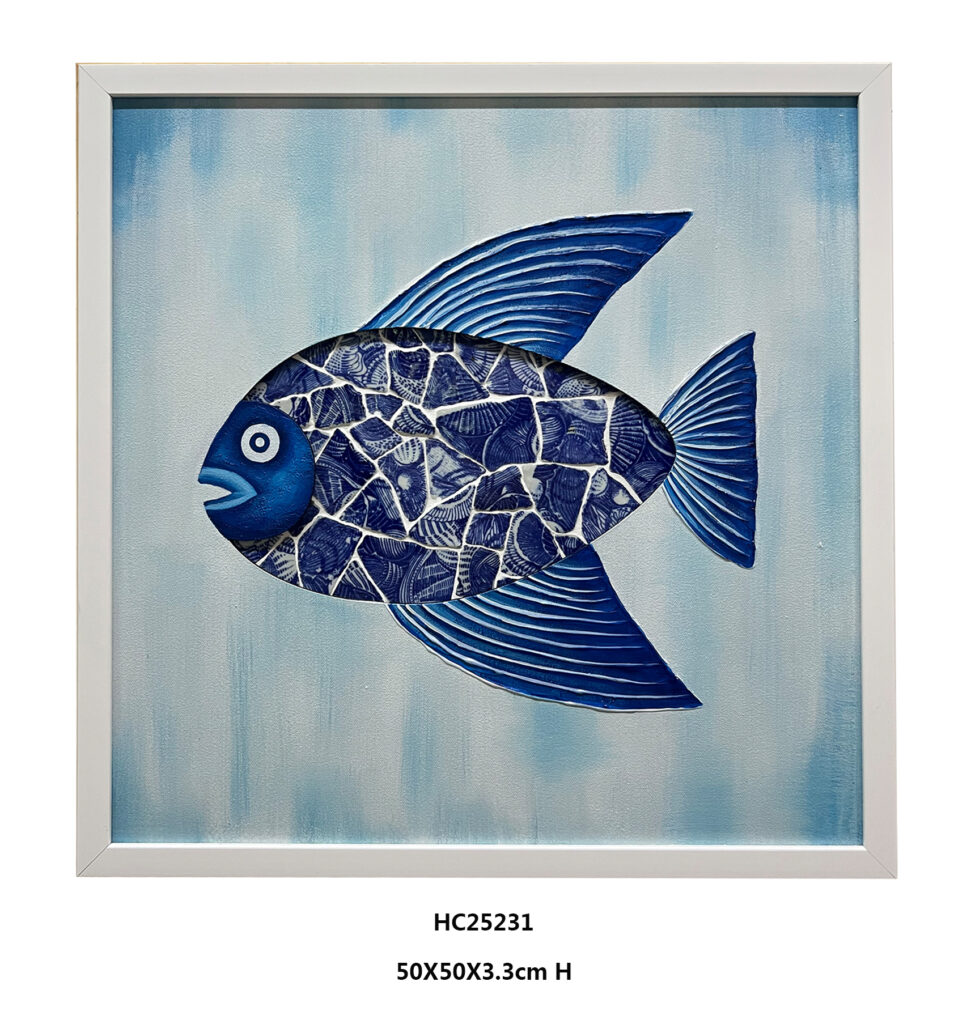 Blue and white porcelain shard fish wall art facing left