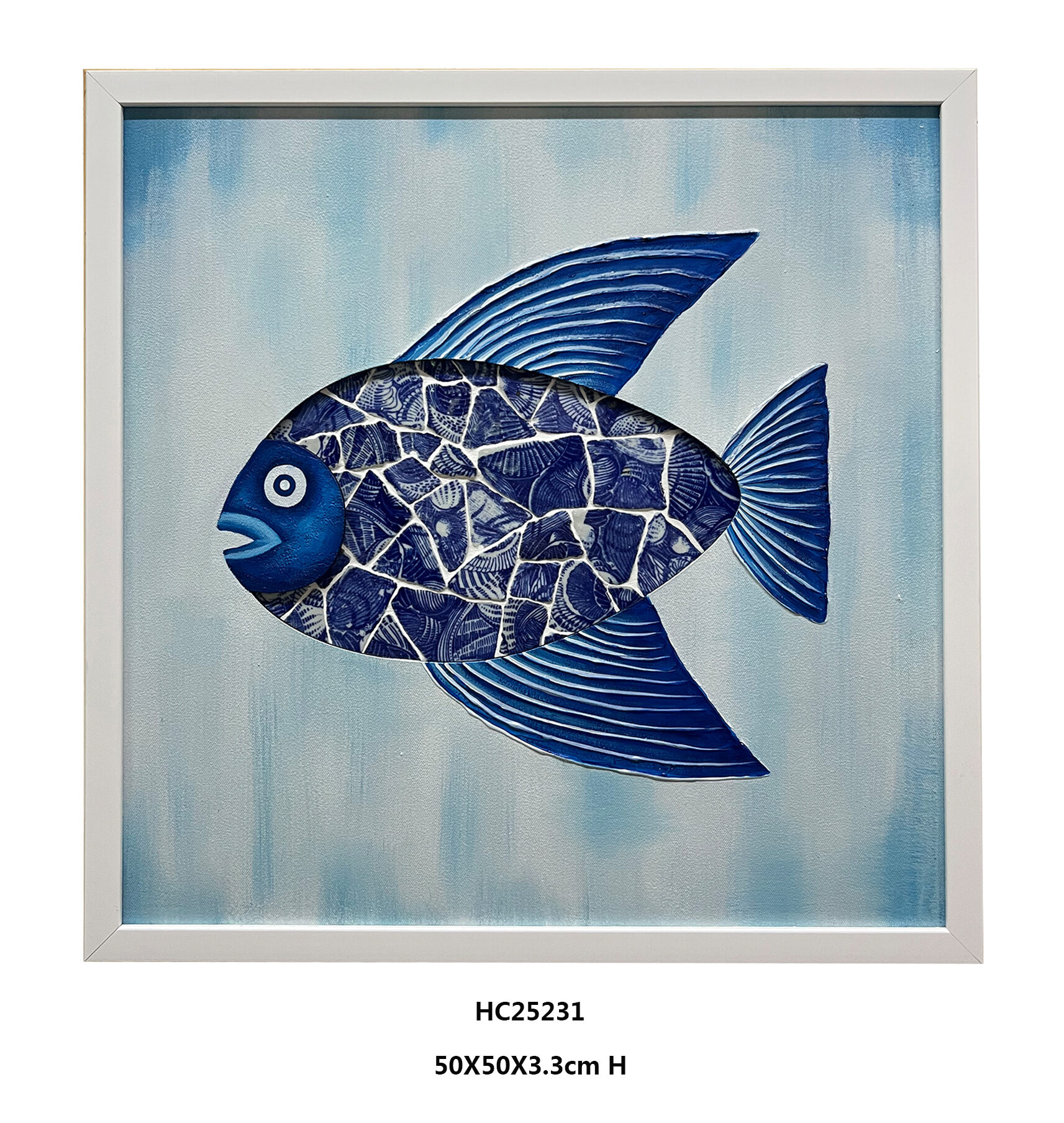 Blue and white porcelain shard fish wall art facing left