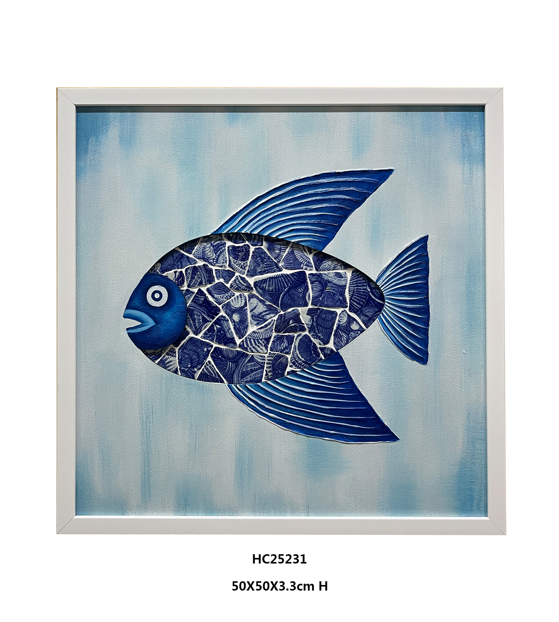 Blue and white porcelain shard fish wall art facing left