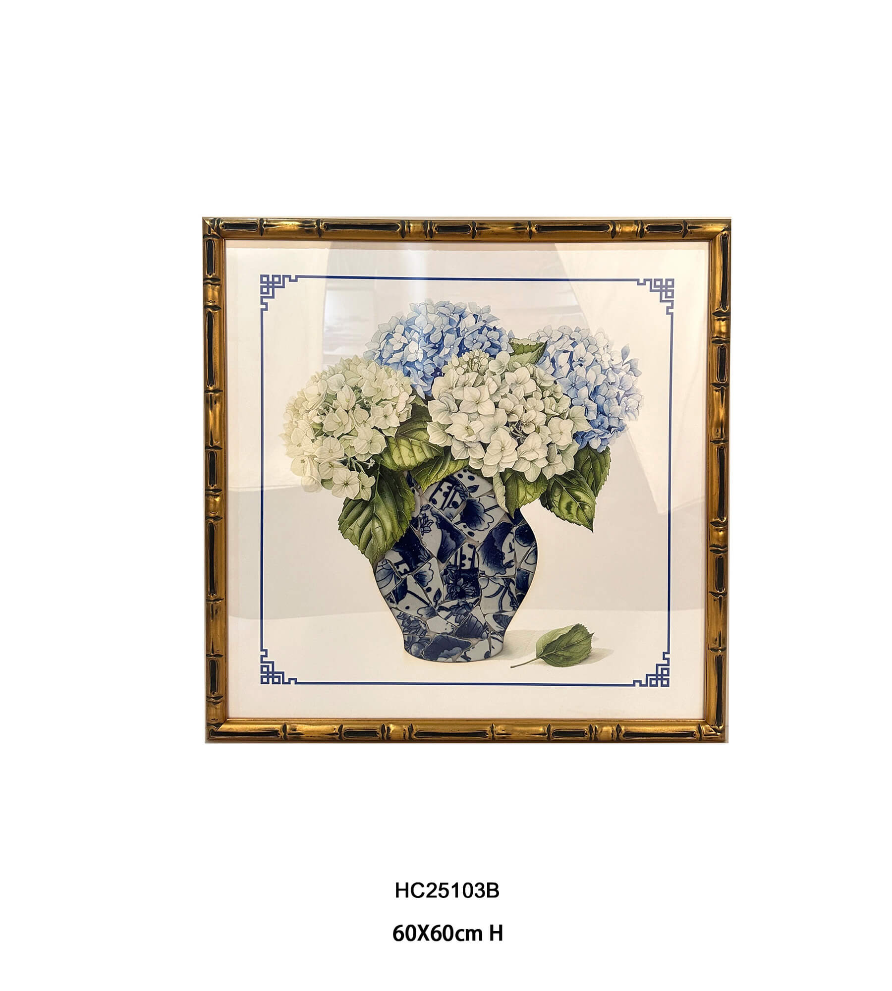 Blue and white hydrangeas in a porcelain shard vase