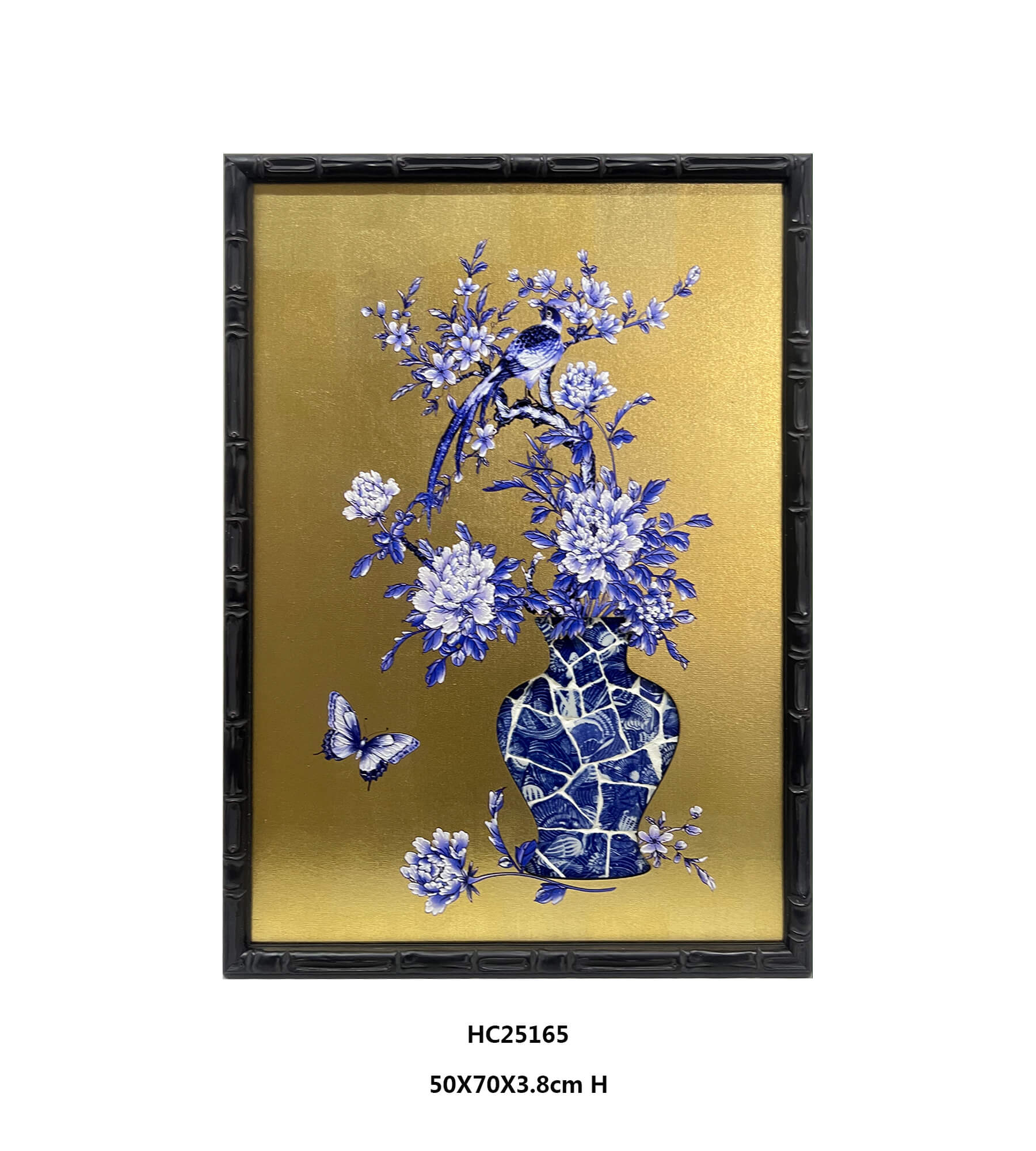 Black Framed Blue and White Peony Porcelain Wall Art with Shard Mosaic Vase（50×70×3.8cm）