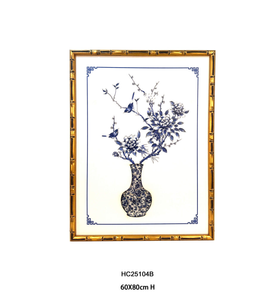 Blue and white peony shard mosaic vase wall art with birds