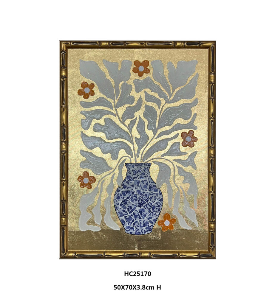 Blue and white porcelain shard vase art with orange flowers