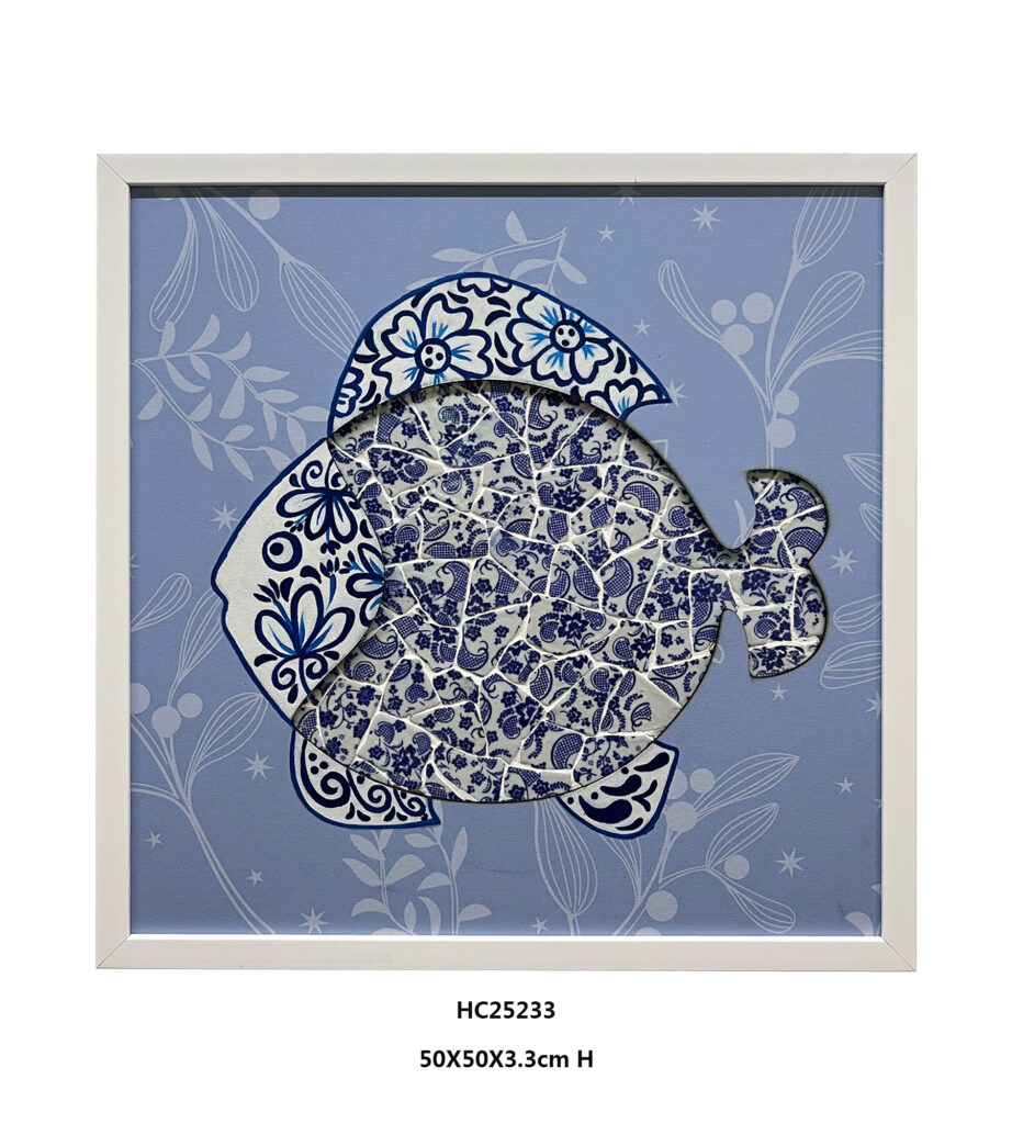 Blue and white porcelain shard fish wall art