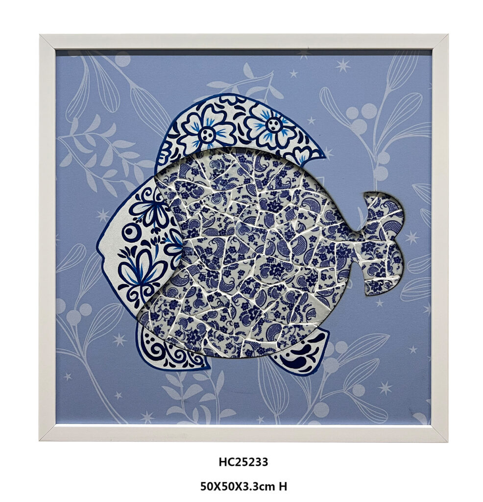 Blue and white porcelain shard fish wall art
