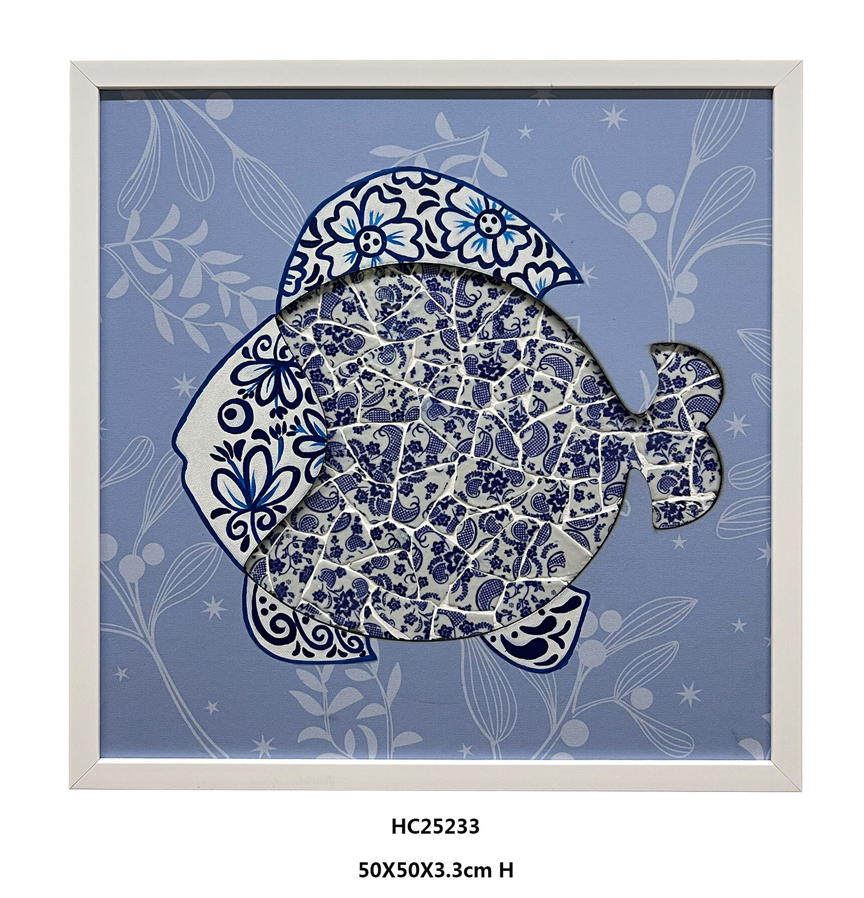 Blue and white porcelain shard fish wall art