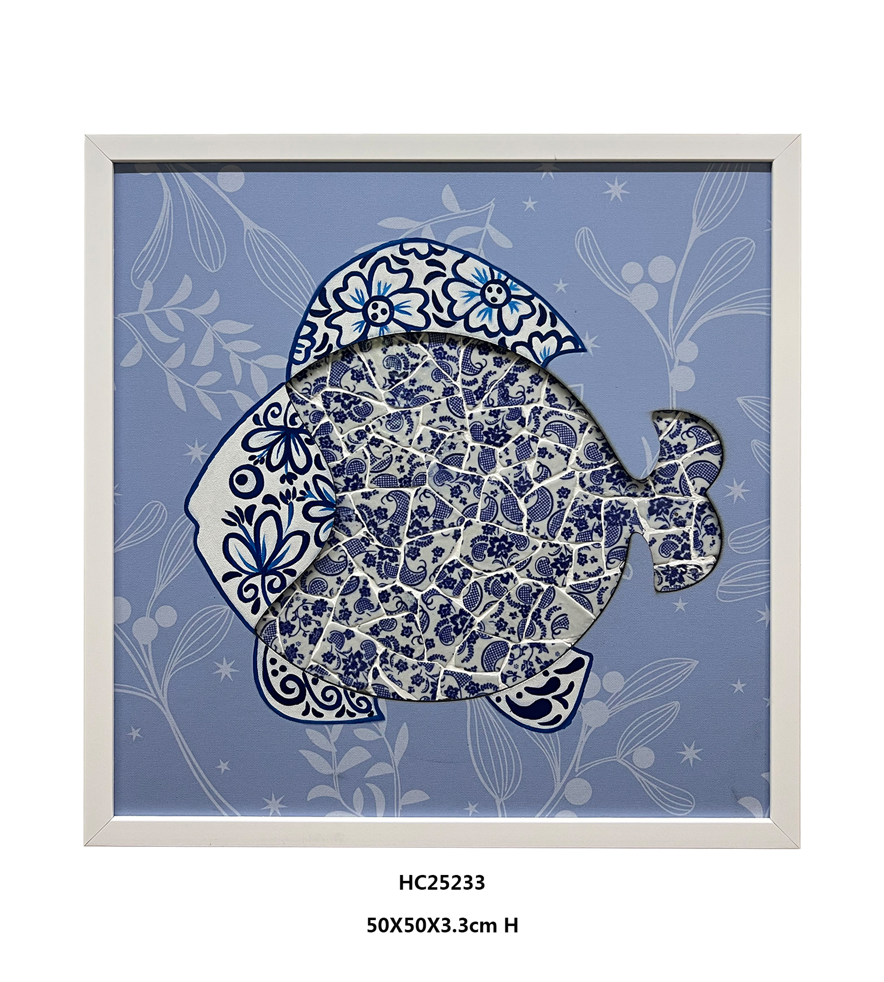 Blue and white porcelain shard fish wall art