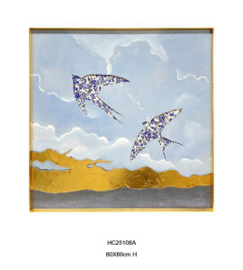 Framed swallow wall art made from blue and white porcelain shards
