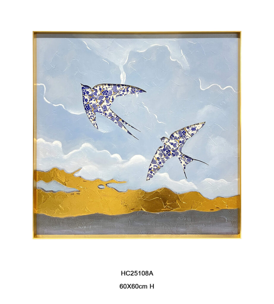 Framed swallow wall art made from blue and white porcelain shards