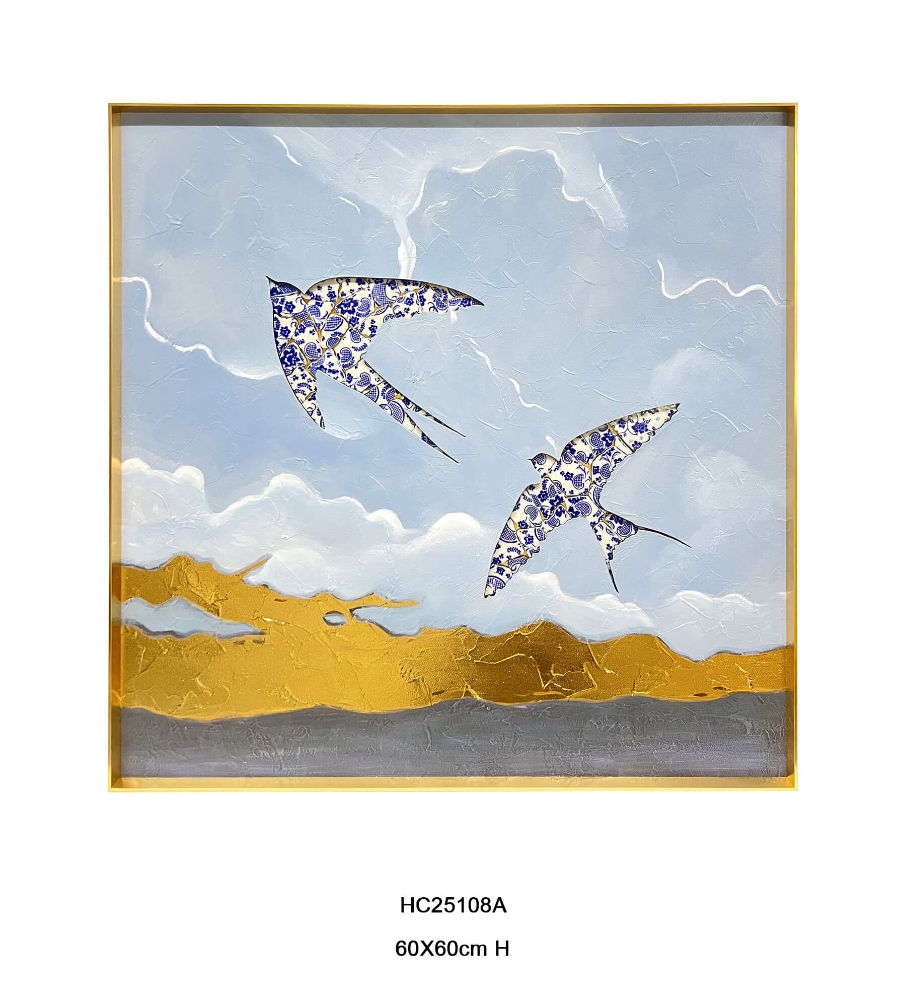 Framed swallow wall art made from blue and white porcelain shards