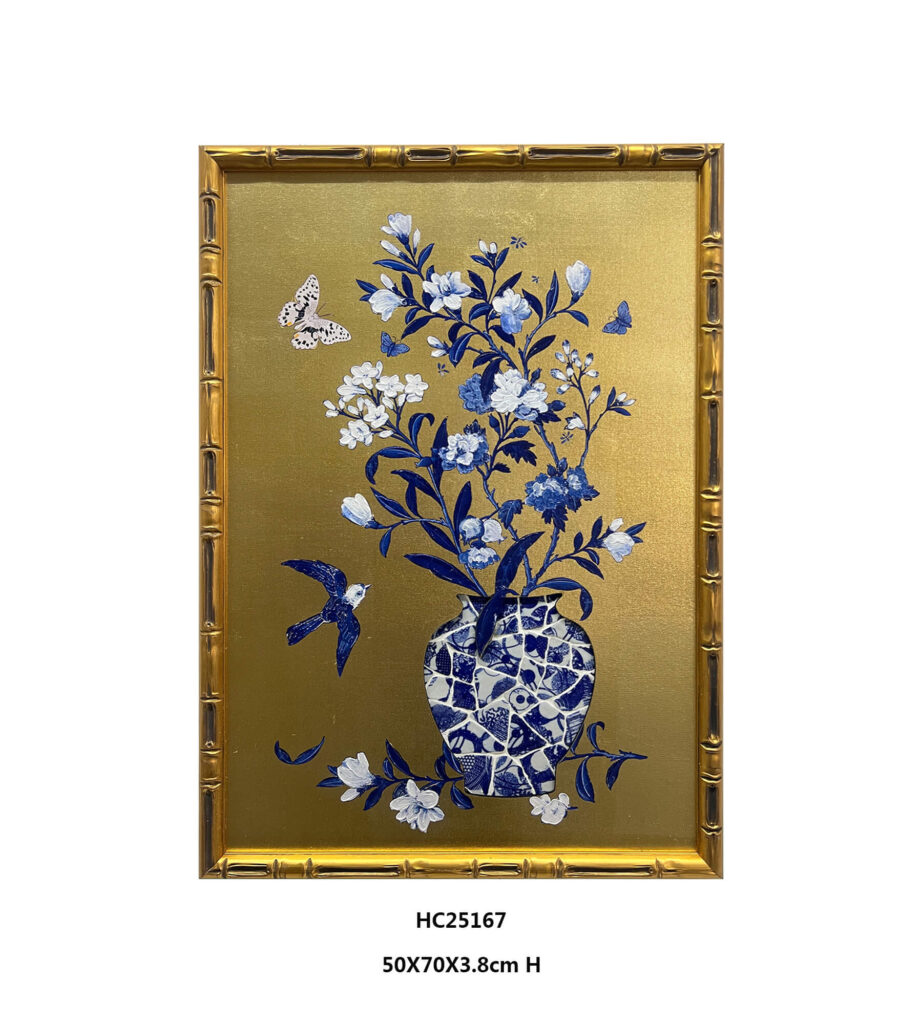 Blue and white porcelain shard vase wall art with peonies
