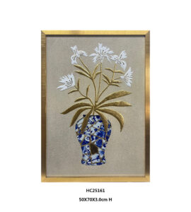 Blue and white porcelain shard vase wall art with raised white flowers