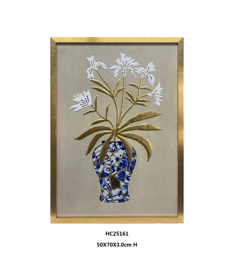 Blue and white porcelain shard vase wall art with raised white flowers