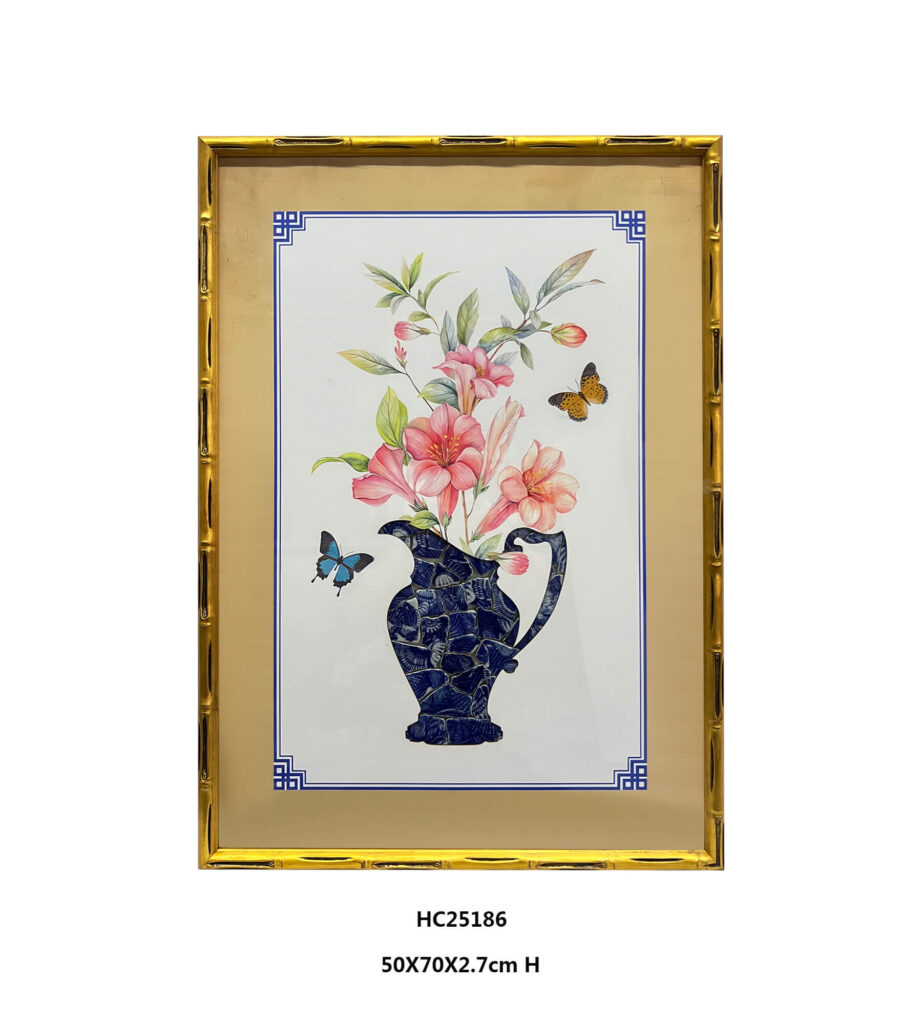 Blue and white shard vase wall art with pink flowers