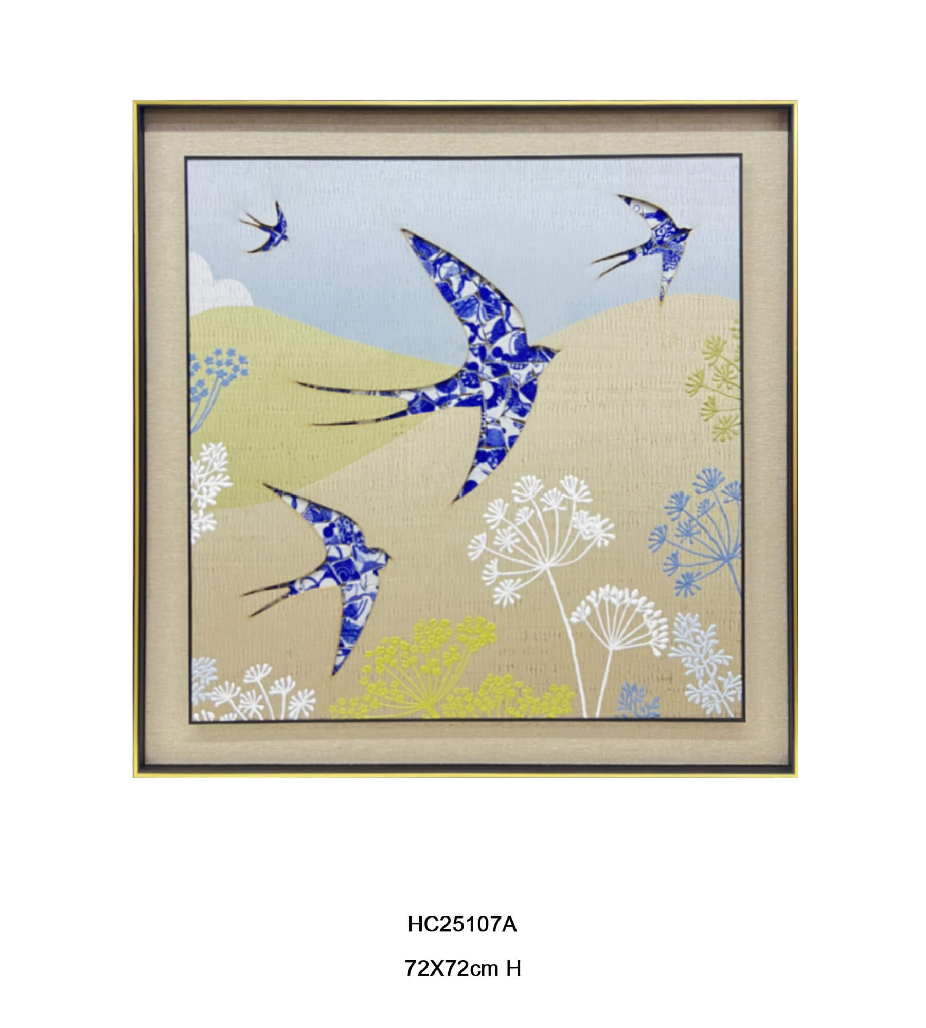 Blue and white swallow mosaic porcelain wall art with four birds
