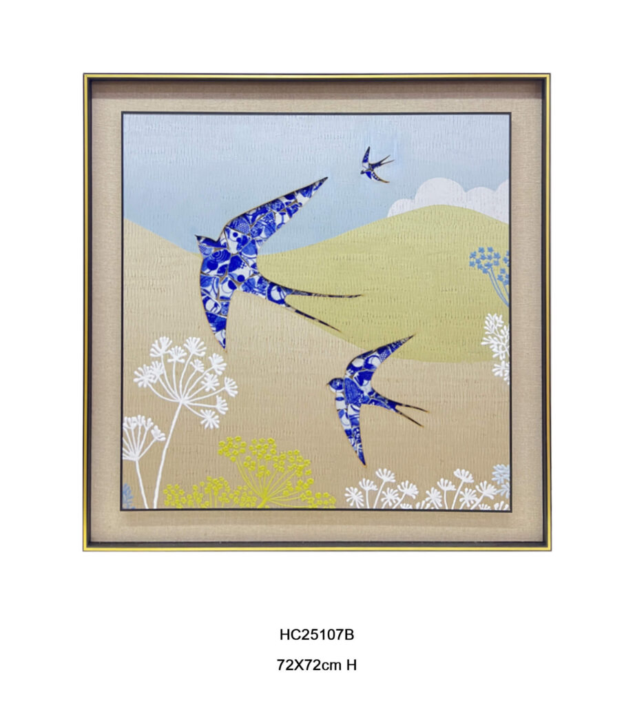 Blue and white swallow mosaic porcelain wall art with three birds