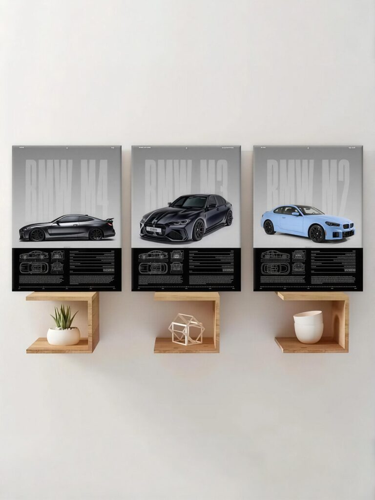 BMW canvas wall art set displayed on a modern wall