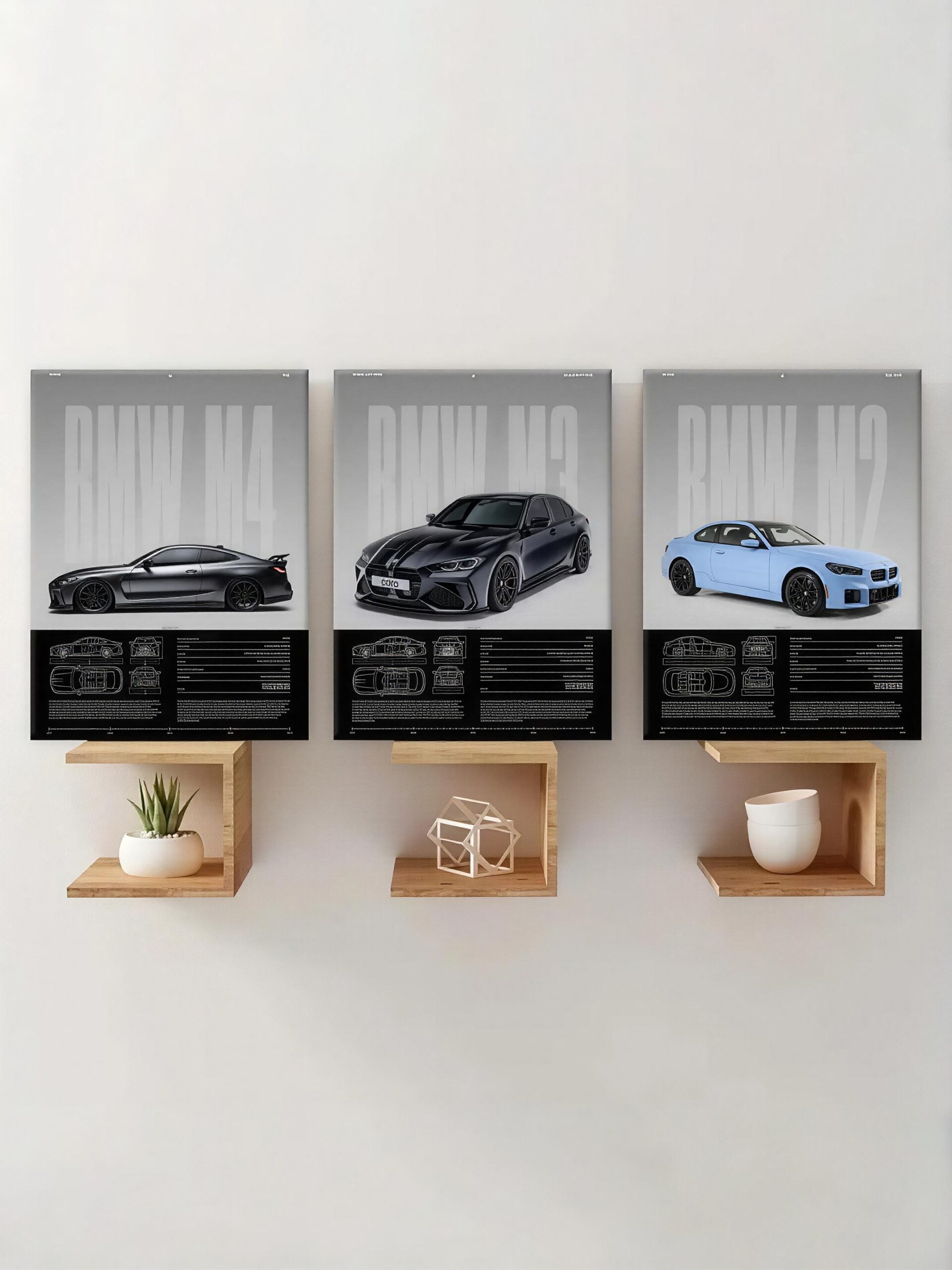 BMW Canvas Wall Art Set with M2 M3 M4 Blueprint Designs（30×40cm）