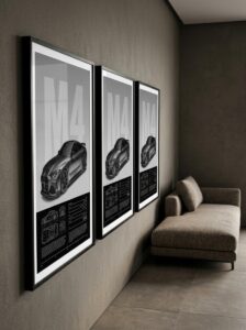 Monochrome BMW M4 canvas art displayed in a hallway