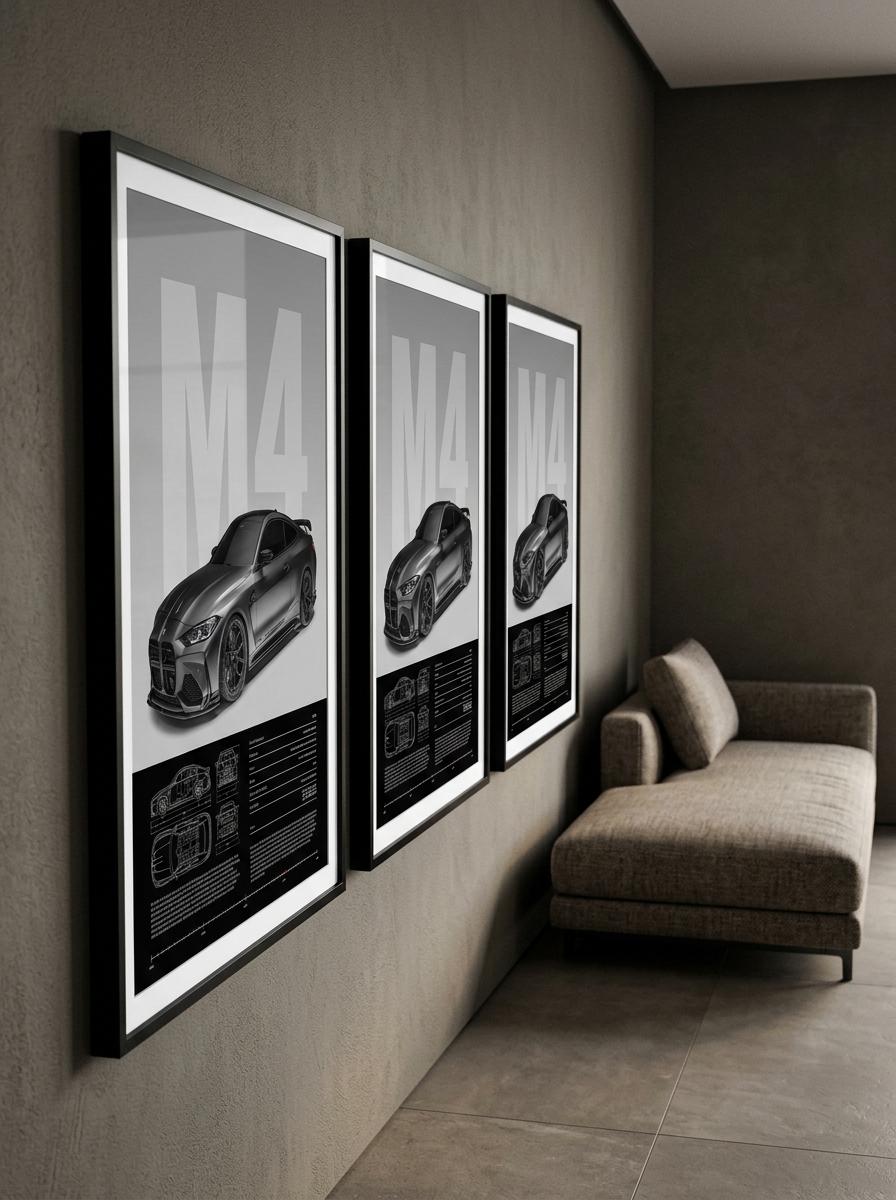 Monochrome BMW M4 canvas art displayed in a hallway