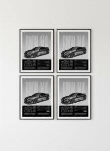 BMW M4 canvas prints arranged on a white wall