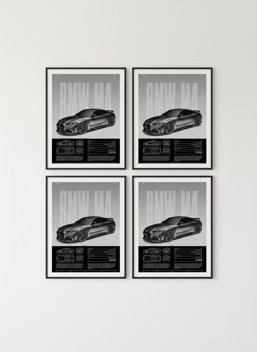 Modern BMW M4 Canvas Wall Art with Technical Details