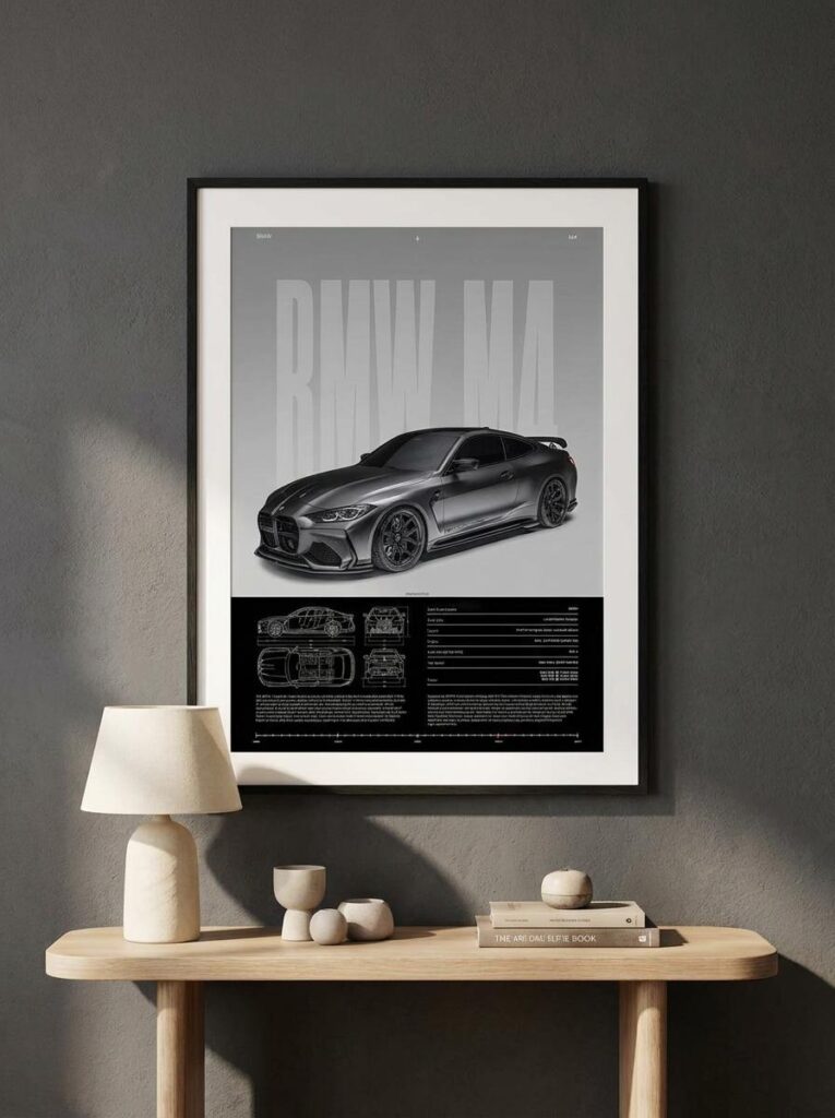 BMW M4 canvas wall art in a modern gray interior
